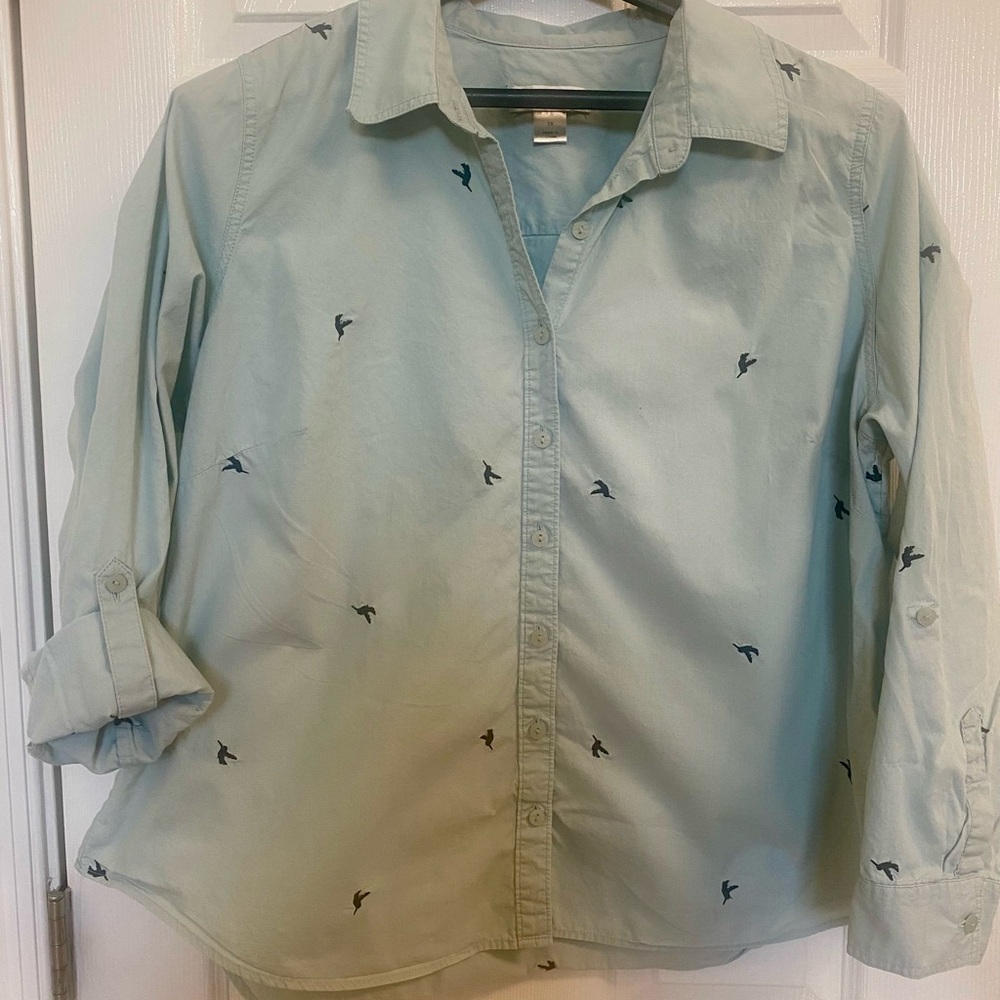 CJ Banks  cotton Shirt  plus Women's 1X Green Embroidered Hummingbird